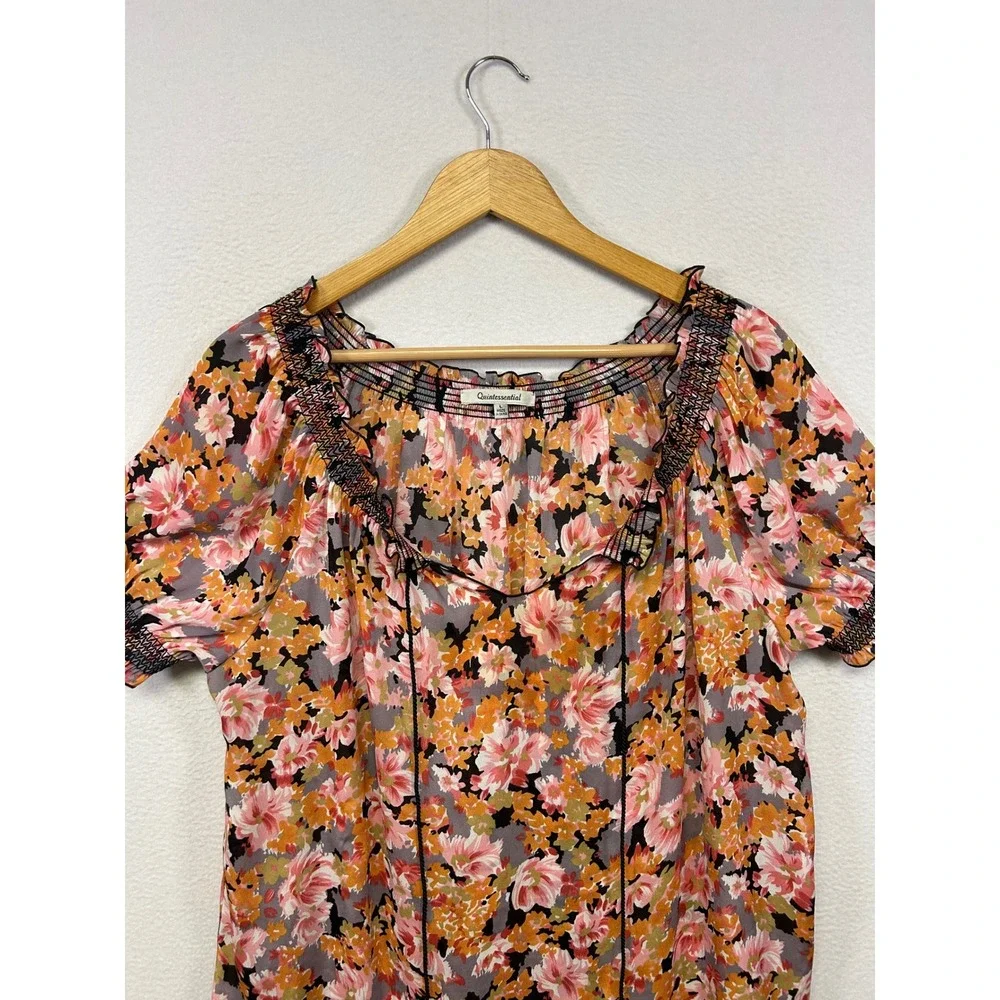 Cottagecore Boho Quintessential Womens Large Pink Orange Floral Peasant Blouse